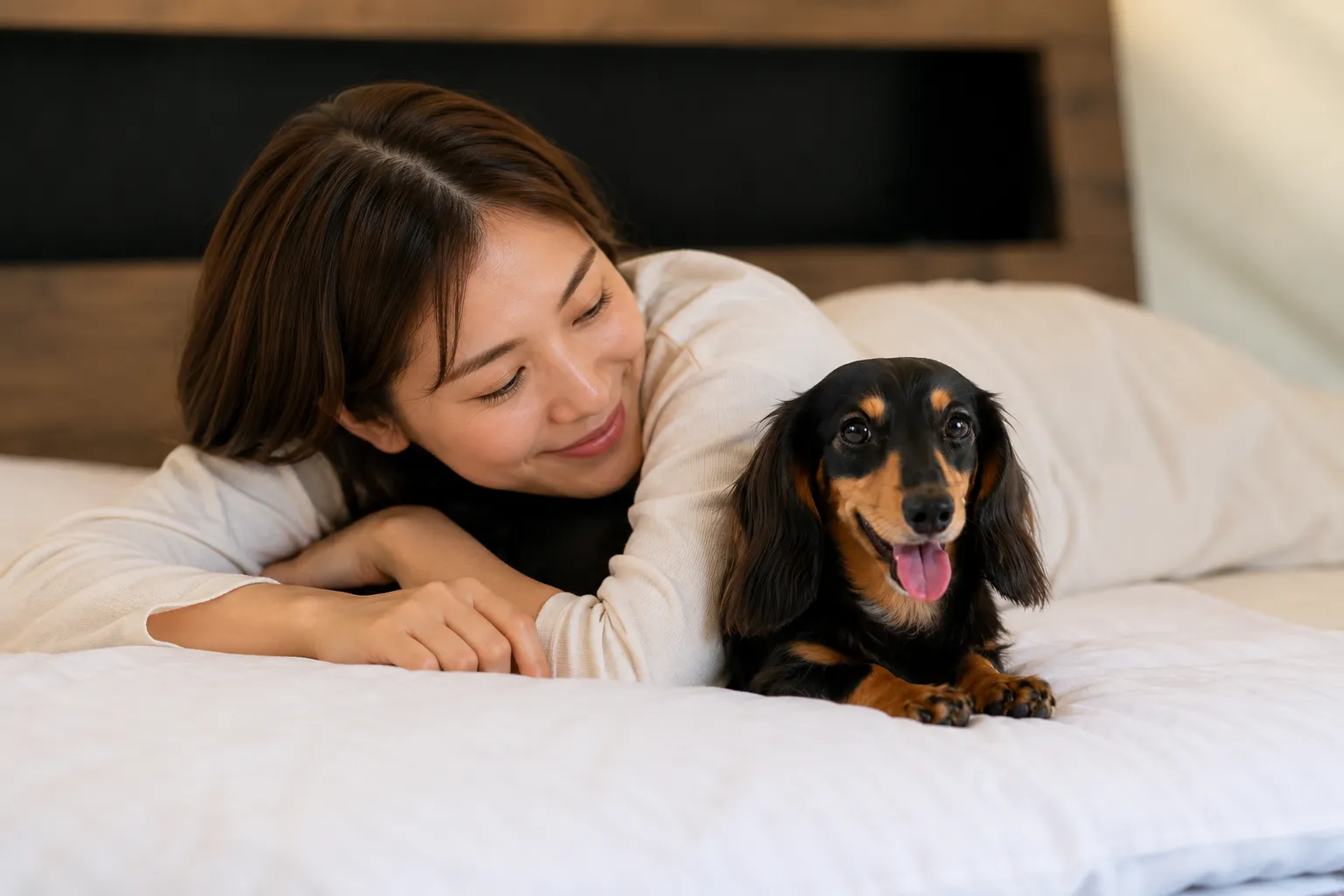 ベッドで眠る犬