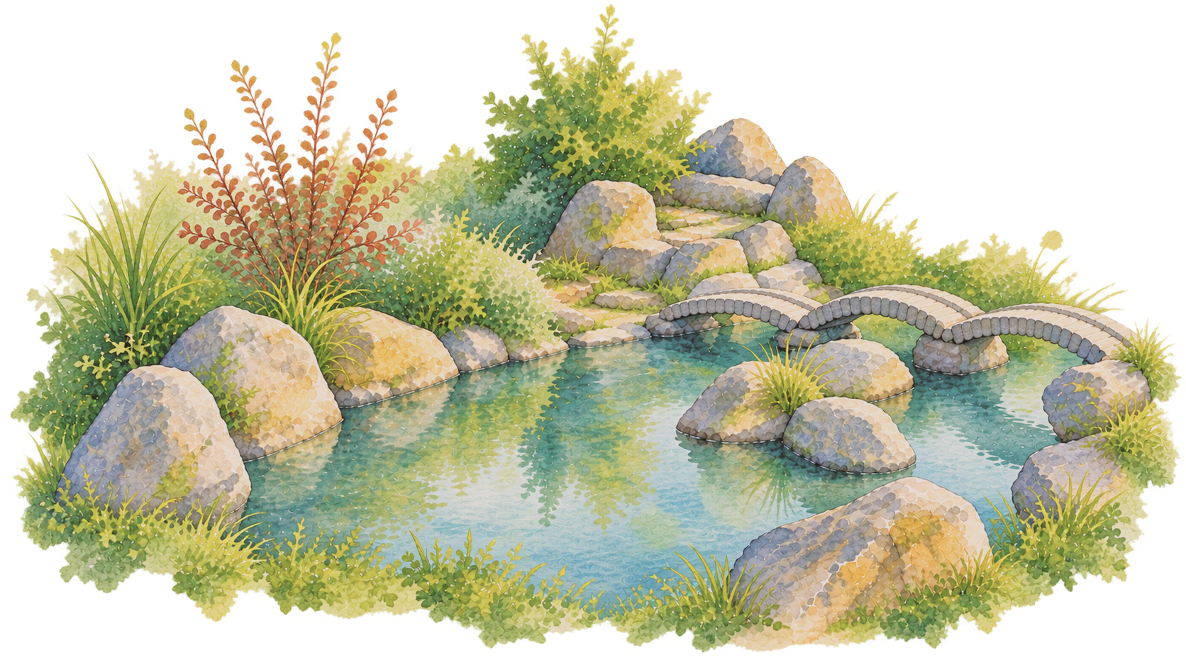 池を囲む岩と茂みを描いた水彩画