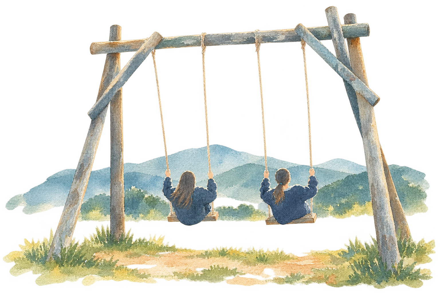 山並みに向かう二つのブランコを描いた水彩画